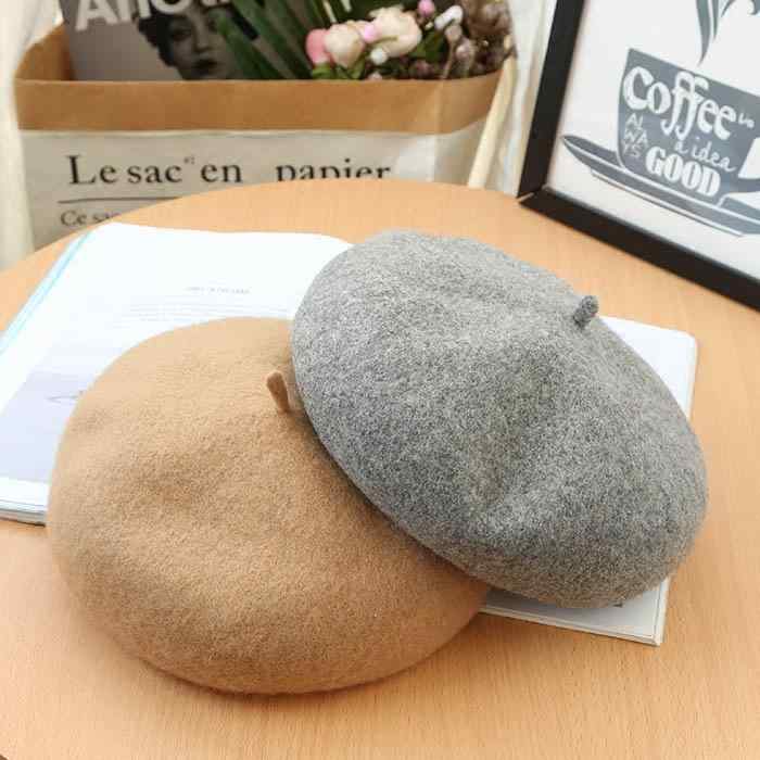 女性 ベレー帽 ソリッドカラー ウール 秋冬 レトロ キャメル つぼみ カーキ アプリコット グレー