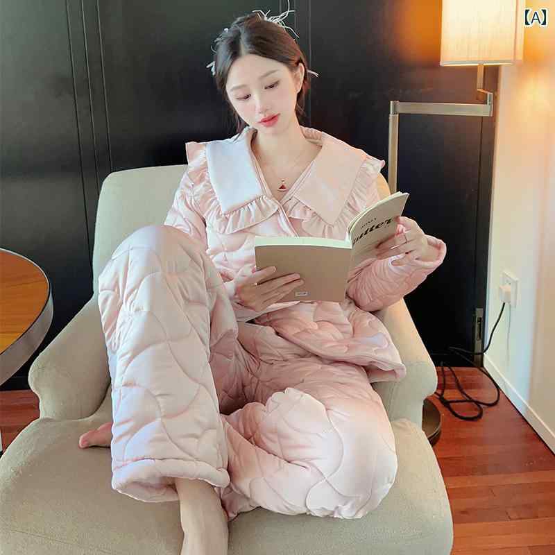 女性用 パジャマ 冬用 3 層 キルティングジャケット 厚手 ベルベット 暖か コーラル 上下セット ピンク