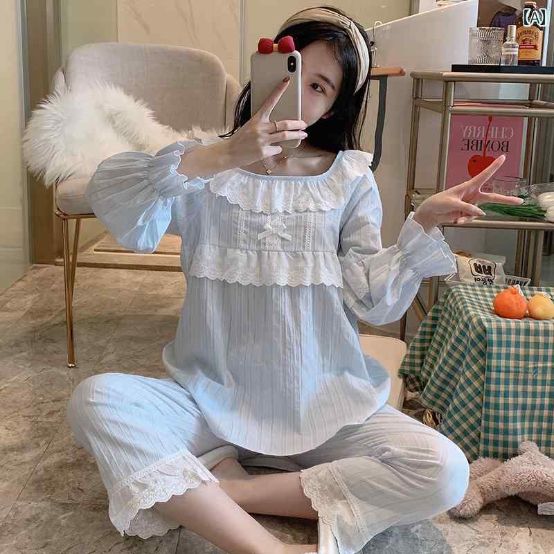 女性用 パジャマ 春秋 かわいい プリンセス 綿 長袖 妖精風 韓国 レース ホームウェア 薄手 ブルー ホ..