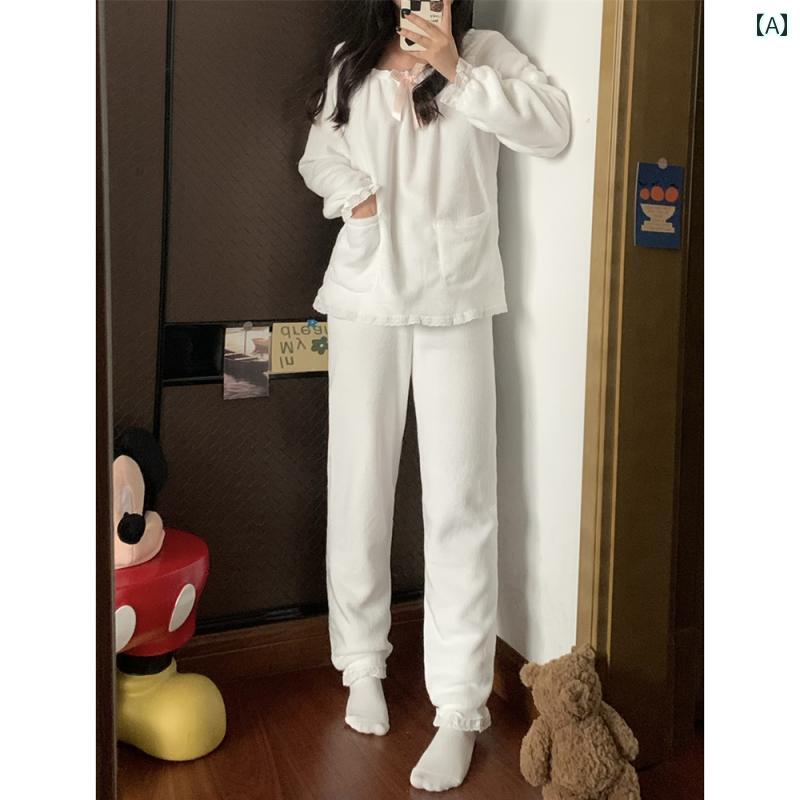 女性用 パジャマ ベルベット 暖か スクエアネック レース 長袖 ズボン 秋冬 ホームウェア 上下セット ナイトガウン ホワイト