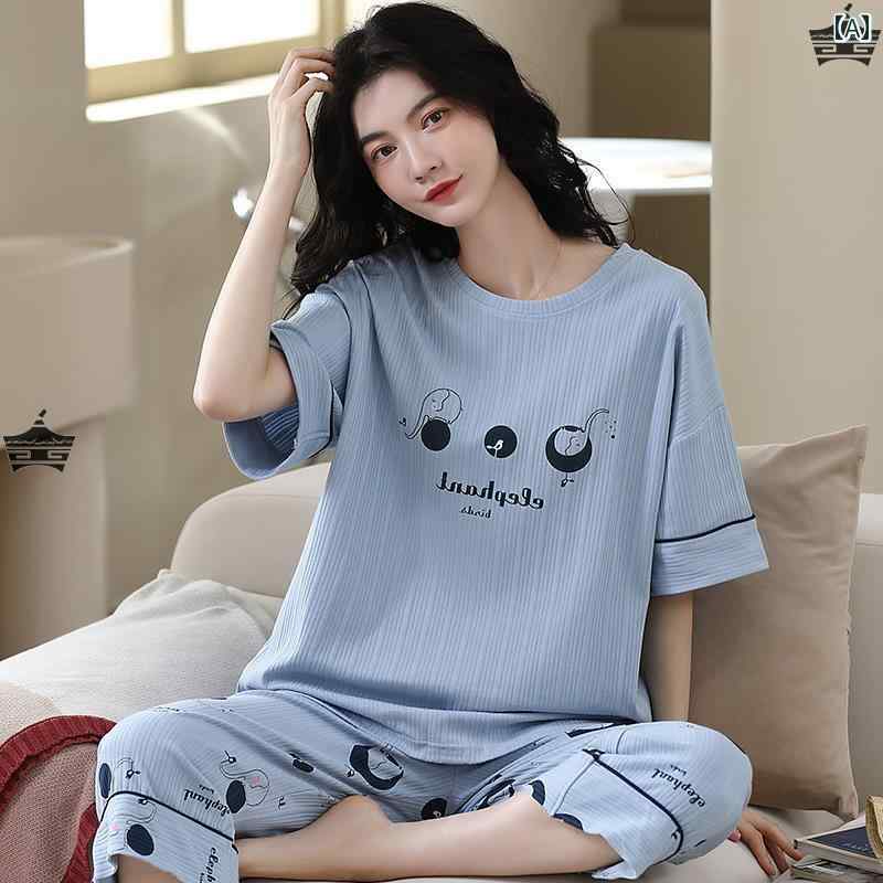 女性用 パジャマ 夏 綿 韓国 半袖 クロップドパンツ 薄手 かわいい 春秋 ホームウェア 上下セット
