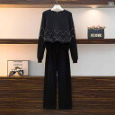 女性 ニットスーツ 秋冬 ワイド レッグ パンツ プ ツーピース セット シンプル ファッション 黒 アプリコット