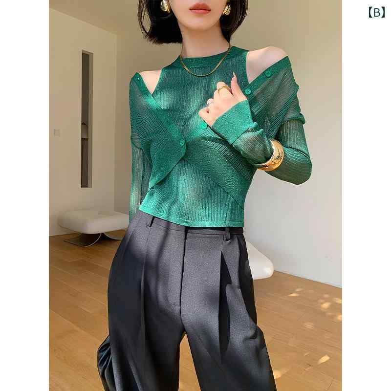 女性 ニットスーツ ツーピース セット 夏 ノースリーブベスト 薄型 長袖 カーディガン トップ ジャケット グレー グリーン