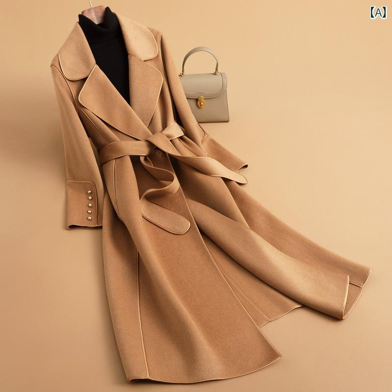 レディース コート 白 秋冬 両面 ベルト 付き ウエスト ウール ミドル丈 シンプル ファッション ブラック レッド