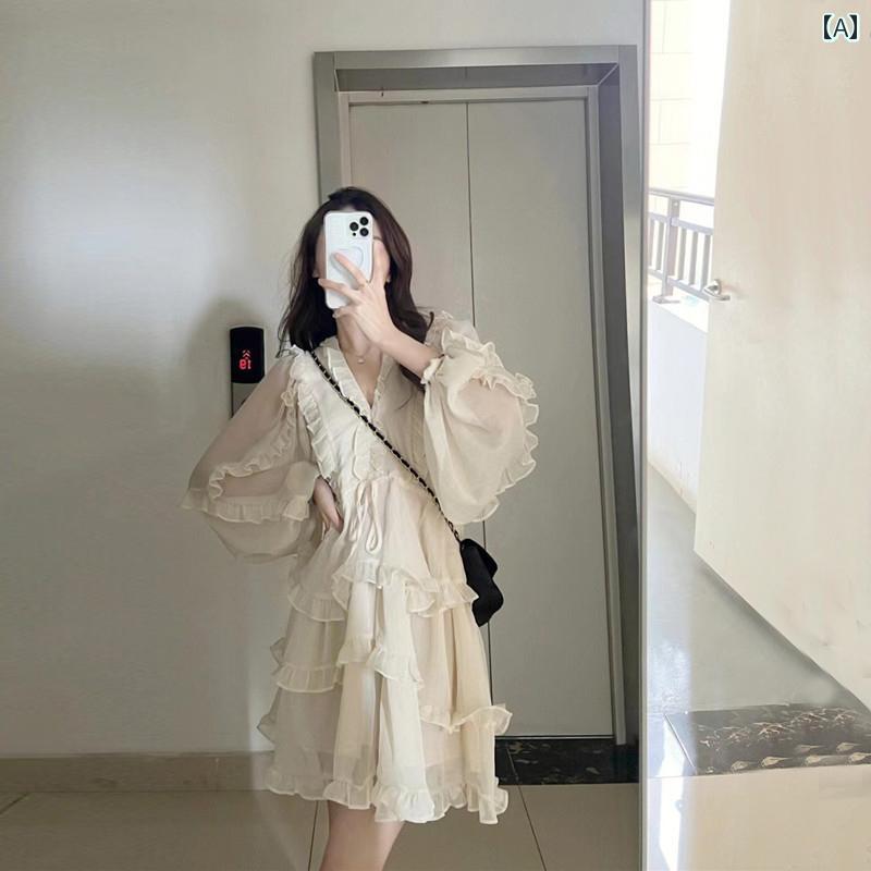 レディース コート 白 フランス かわいい ファッション フリルドレス 春秋 レトロ Vネック パフスリーブ ケーキ