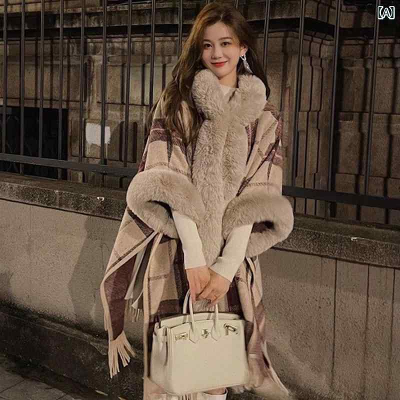 レディース コート 白 ケープ ショール フード 付き チェック 柄 ウール 裏起毛 秋冬 ミドル丈 毛皮