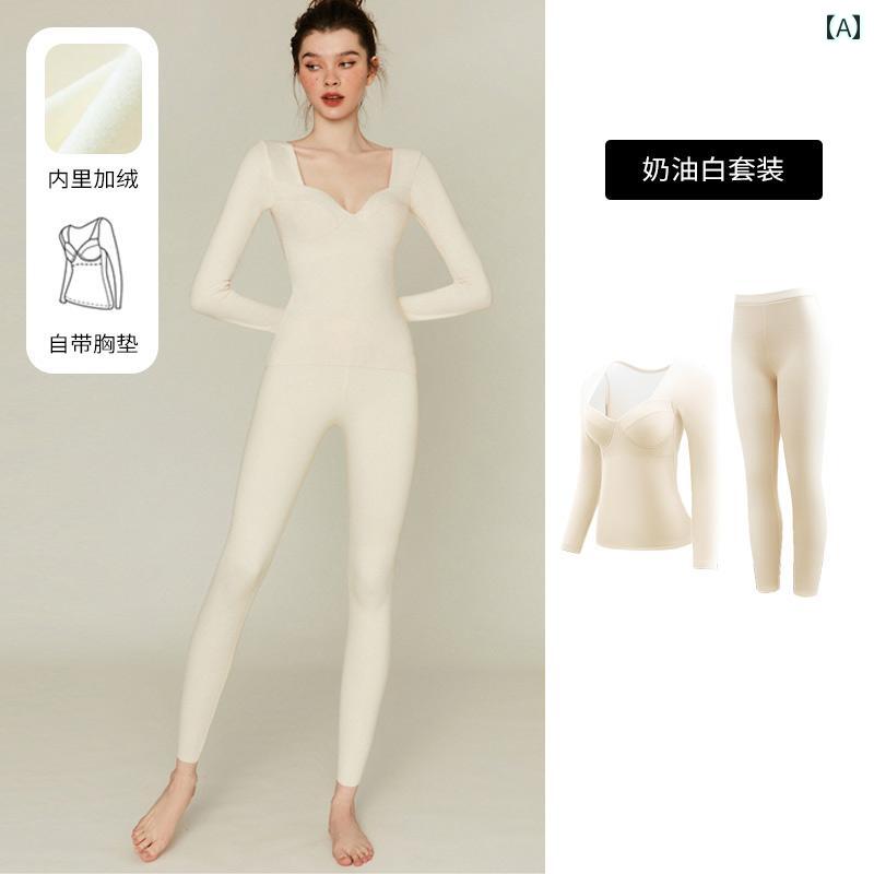 レッグウォーマー セクシー 暖かい 秋 服 パンツ 下着 セット オール イン ワン 胸 パッド シャツ 女性用 Vネック プルオーバー ブラック ホワイト