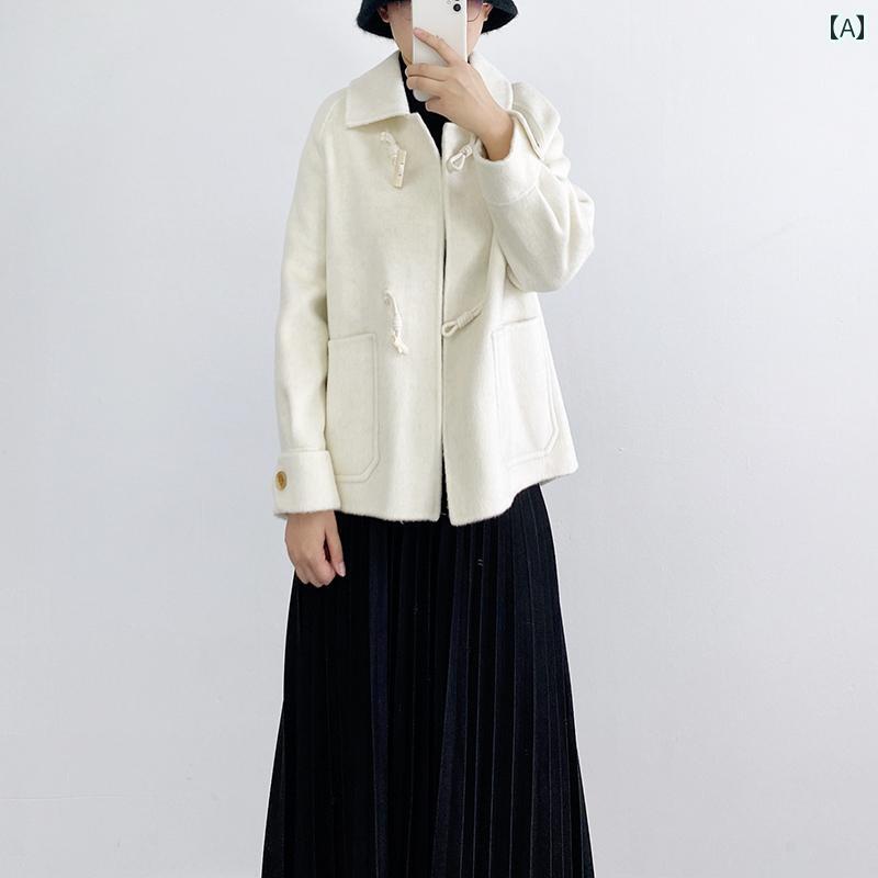 レディース コート 白 マルベリー シルク風 両面 ショート ウール 秋冬 シンプル ファッション ピンク グレー