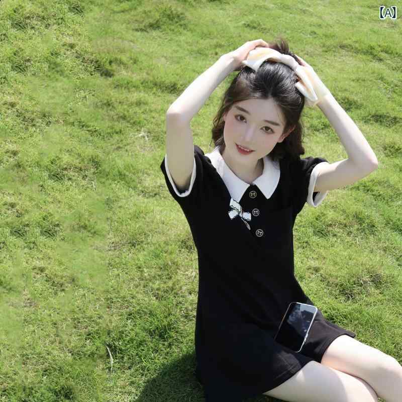 レディース コート 白 黒 コントラスト ポロ カラー ドレス 夏 ウエスト パフスリーブ ライン スカート