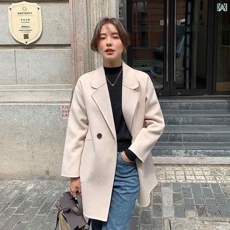 レディース コート 白 ミドル丈 両面 ウール 秋冬 ジャケット シンプル おしゃれ ファッション カーキ ブラウン 黒