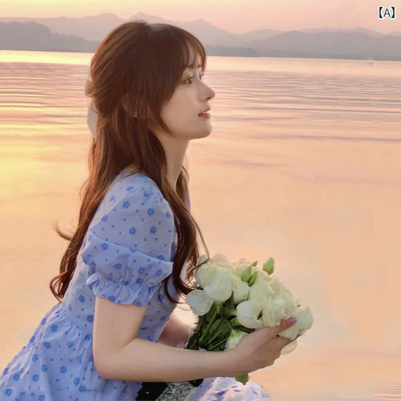 レディース コート フレンチ ブルー パフスリーブ 花柄 ドレス 夏 ティーブレーク ウエスト スカート