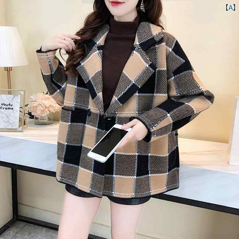 レディース コート 白 スーツ 襟 レトロ チェック 柄 秋冬 ニット ウール おしゃれ ファッション 茶色 青