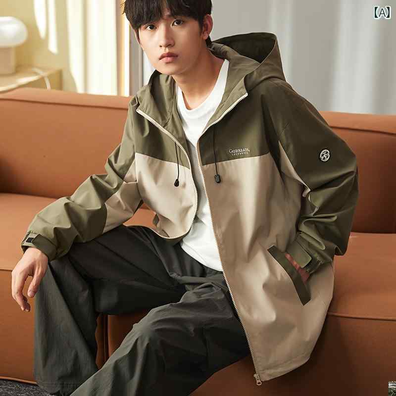 バイクジャケット 秋 スプライシング メンズ カジュアル スポーツ フード付き グリーン ネイビー ブラウン(4)