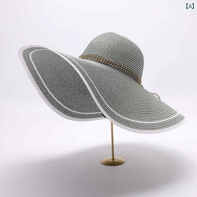 夏 帽子 特大つば付き ビーチ 麦わら レディース 海辺 日焼け防止 サンシェード グリーン ピンク 白