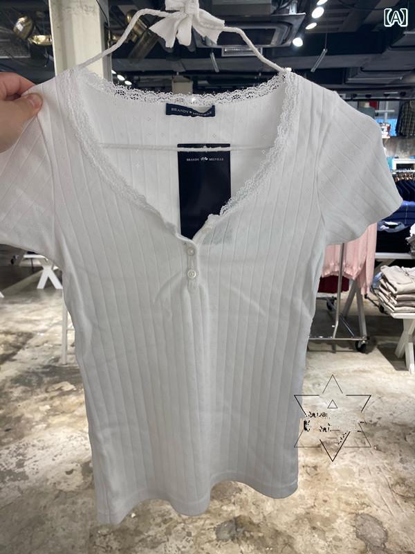 白 Tシャツ ブランデー ガール 新 ゼリー トップ アイレット 女性 レース 粋 綿 半袖 フリーサイズ Vネ..