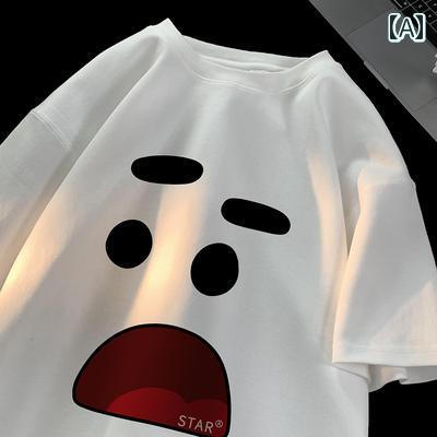 白 Tシャツ コットン オーバーサイズ 小さい ネックライン 半袖 男性用 夏に向けた 楽しい カジュアル ..