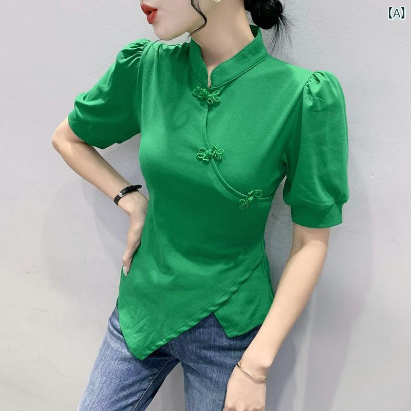 白 Tシャツ 不規則 スリット 女性 半袖 夏 チャイナ風 レトロ バックル 改良された トップ パフスリーブ スタンドカラー グリーン ブラック