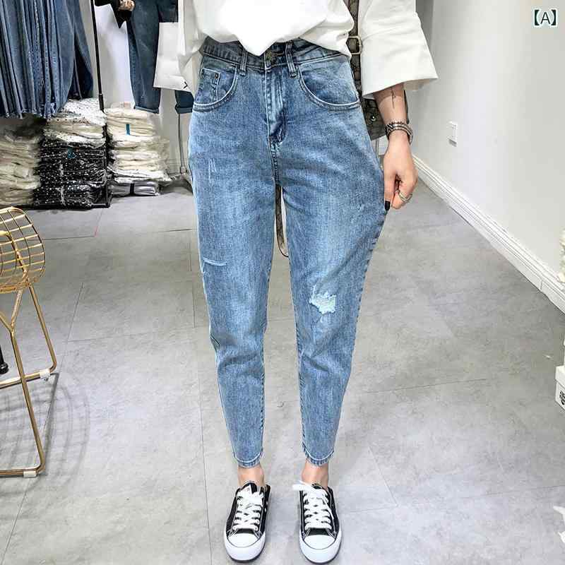 女性 リップドジーンズ 大きいサイズ 春夏 女の子 ゆるい ニンジン パンツ ハイウエスト ブルー ブラック