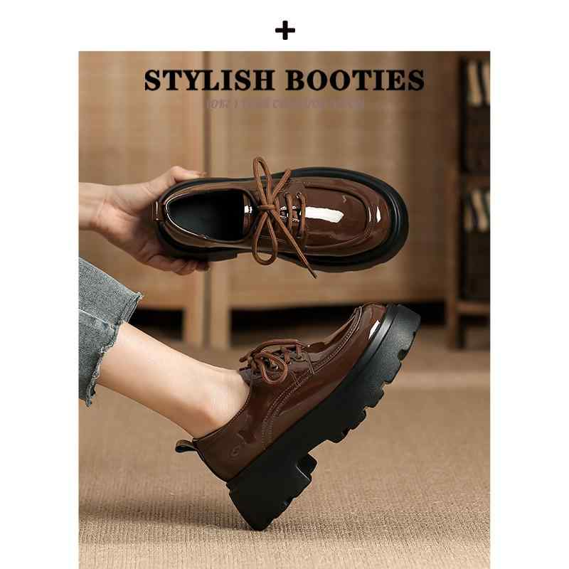 プラットフォーム シューズ カルフール 秋冬 ベルベット パテントレザー ブラウン 厚底 英国 革小さな 女性