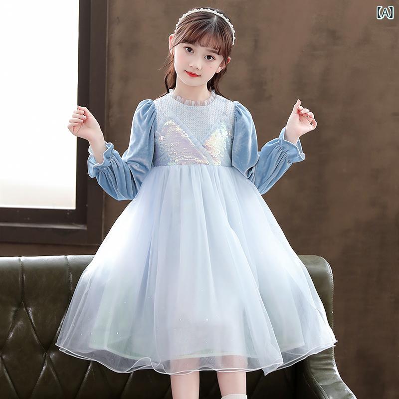 子供用プリンセスドレス 女の子 秋 服 春秋 おしゃれ ファッション 記念撮影 ピアノ 演奏会 ブルー