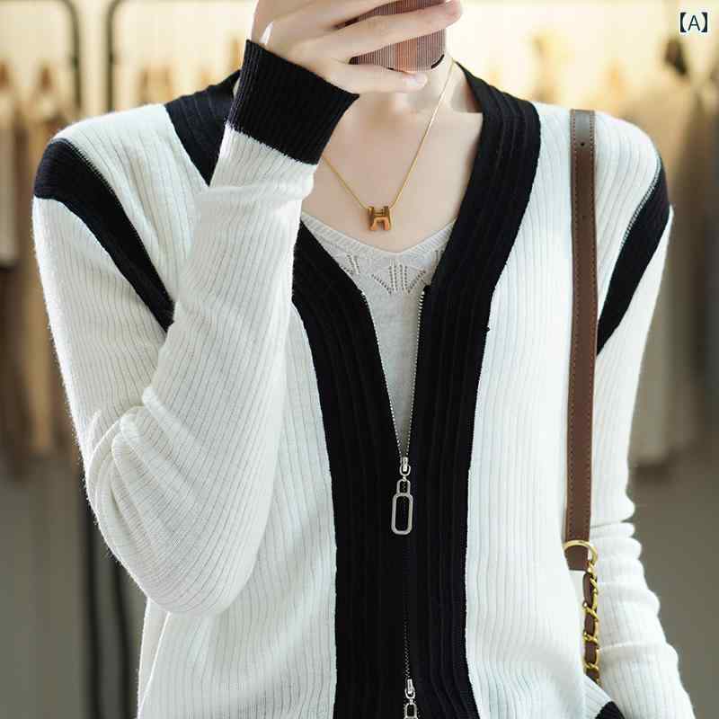 ニット レディース カーディガン セーター ジャケット ファッション おしゃれ 春秋 コント ラスト カラ..