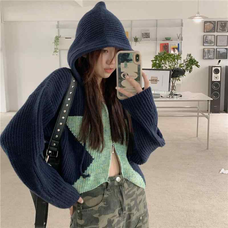 ニット レディース カーディガン セーター ジャケット ファッション おしゃれ 秋冬 韓国 フード 付き ..