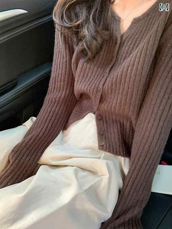 ニット カーディガン メイラード トップ 秋 ショート スリム フィット インナー セーター ジャケット フリーサイズ