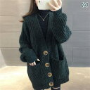 ニット カーディガン 妖精 セーター コート 女性 秋冬 ミドル丈 厚手 韓国 ラウンドネック グリーン グレー ブルー