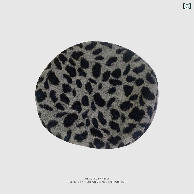 ベレー帽 レディース 秋冬 ヒョウ 柄 ウール レトロ カジュアル カレッジ おしゃれ シンプル ファッション イエロー グレー 黒