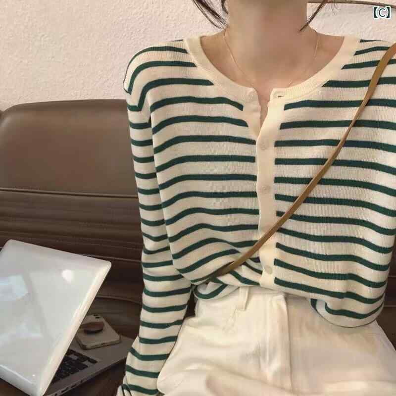 ニット カーディガン 初秋 新 ストライプのセーター 女性 長袖 ジャケット 小柄 優しい トップ 綺麗 おしゃれ 可愛い ピンク グリーン レッド
