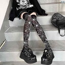 かわいい おしゃれ レディース ガール 靴下 ストリート スパイダーウェブ プリント 膝上 ハイソックス 黒 ピンク