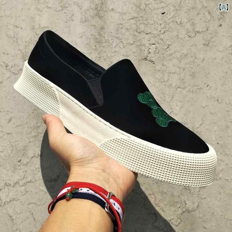 ローファー メンズ 紳士靴 シューズ フリンジ タッセル おしゃれ 韓国 刺繍 クマ柄 ローカット スリッポン ブラック