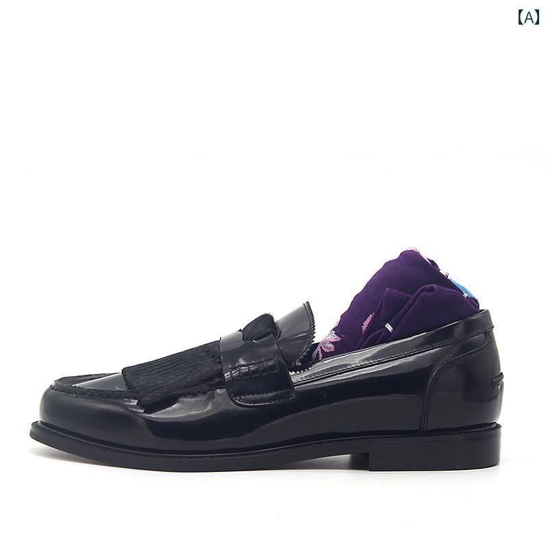 ローファー メンズ 紳士靴 シューズ フリンジ タッセル おしゃれ 革靴 レトロ スエード スリッポン カジュアル ブラック