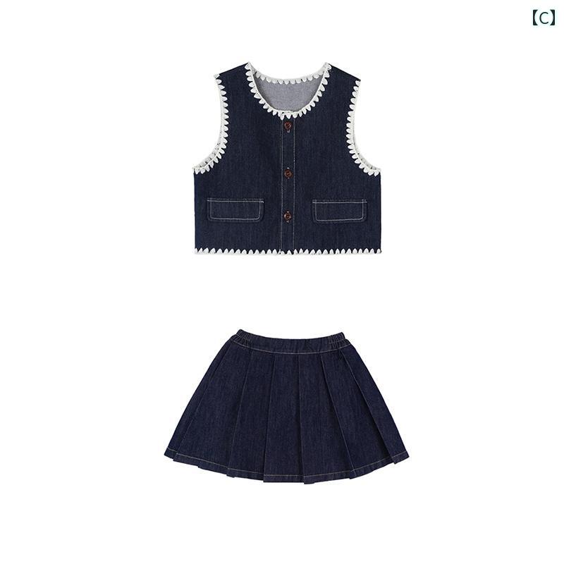 デニム ベスト キッズ 女の子 子供服 ノースリーブ ジャケット Gジャン ファッション セット 春秋 ブルー