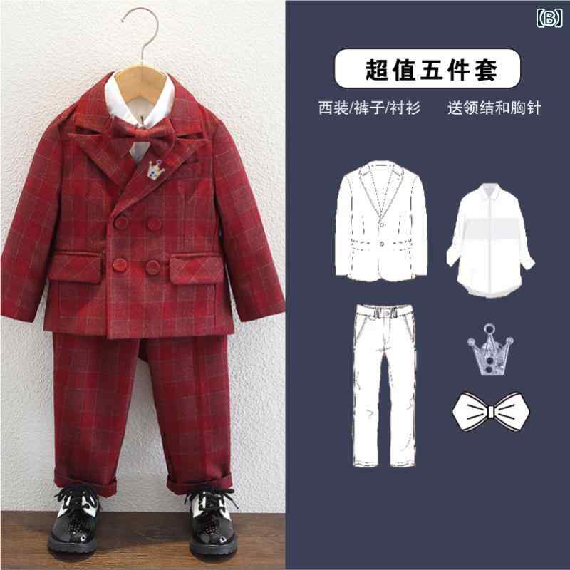 スーツ おしゃれ 可愛い 子供 ボーイ ドレス 冬 結婚式 フラワーガール 誕生日 パーティー 赤 チェック柄 バーガンディ