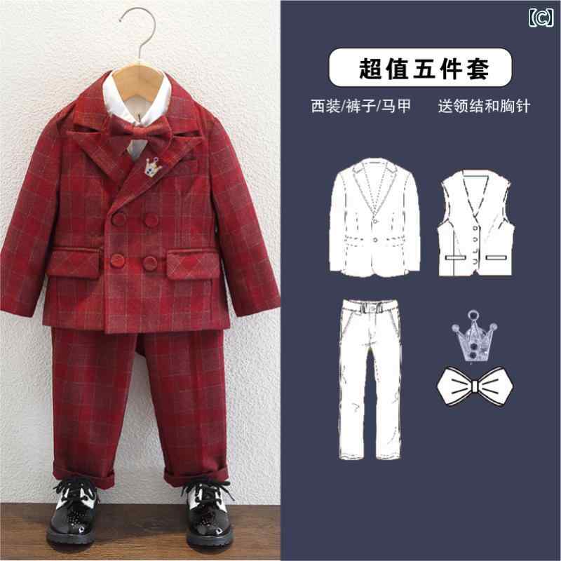 スーツ おしゃれ 可愛い 子供 ボーイ ドレス 冬 結婚式 フラワーガール 誕生日 パーティー 赤 チェック柄 バーガンディ