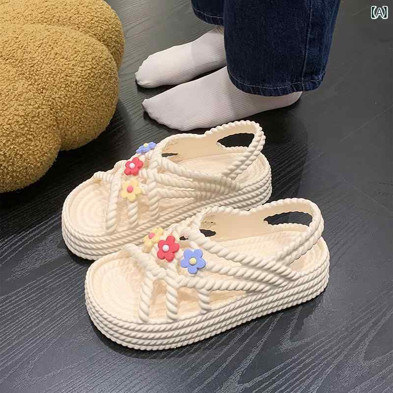 かわいい 靴 レディースシューズ 女の子 夏 アウター ソフト 快適 滑りにくい おしゃれ 綺麗 厚底 サンダル スリッパ ホーム 海辺 ビーチ 黒 白