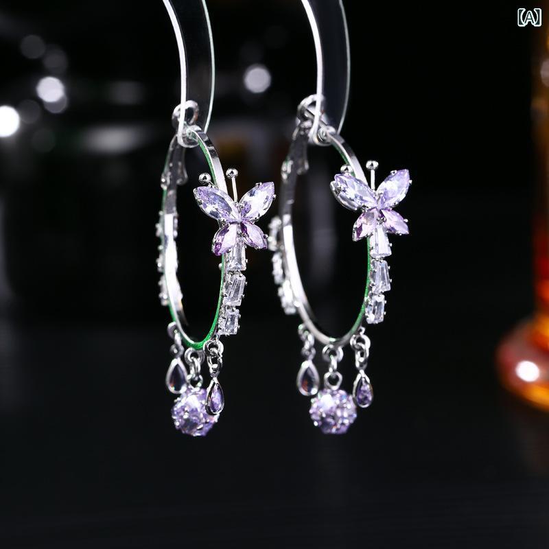 ピアス レディース アクセサリー 紫色 蝶々 バタフライ 高級感 耳飾り リング フープ 揺れる ジルコニア シルバー 925 銀 キラキラ 上品 きれいめ シンプル ファッション おしゃれ 大人かわいい デイリー パーティー ギフト プレゼント ジュエ