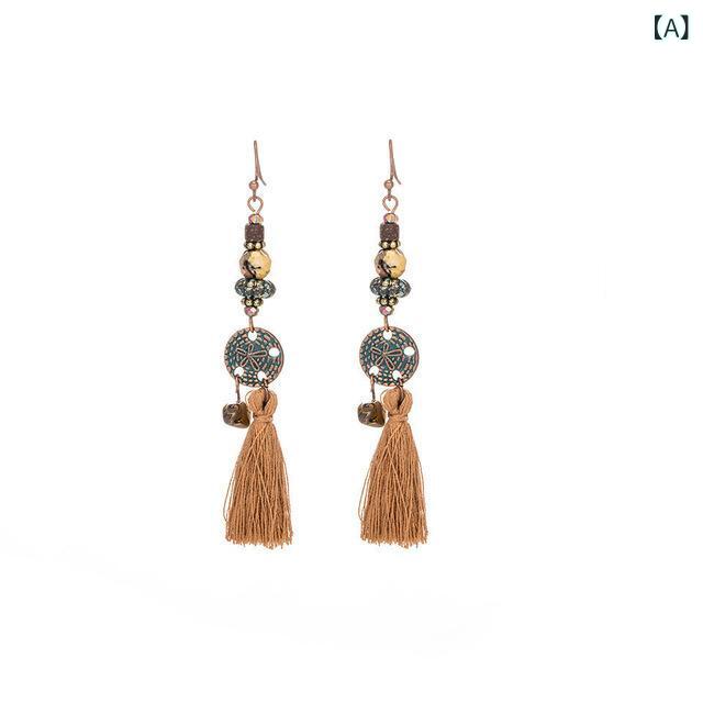 ピアス レディース ロング丈 エスニック調 タッセル 揺れる アクセサリー 大ぶり ヴィンテージ調 レトロ フェミニン かわいい おしゃれ 民族風 華やか ファッション 存在感 高級感 個性的 パーティー デート カジュアル ギフト ゴールド系 欧米風