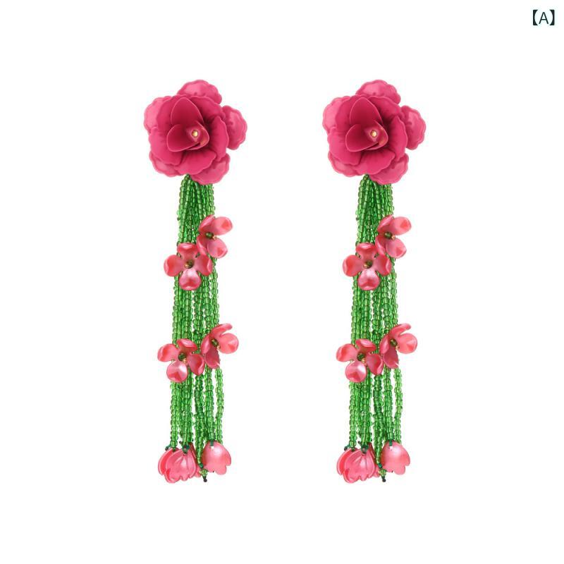 ピアス レディース アクセサリー ジュエリー 欧米 ファッション エレガント ハンドメイド ビーズ 花 フラワー フリンジ ロング 古風 編み込み 揺れる 高級感 お呼ばれ 結婚式 二次会 パーティー プレゼント ギフト おしゃれ 華やか 大人かわいい き