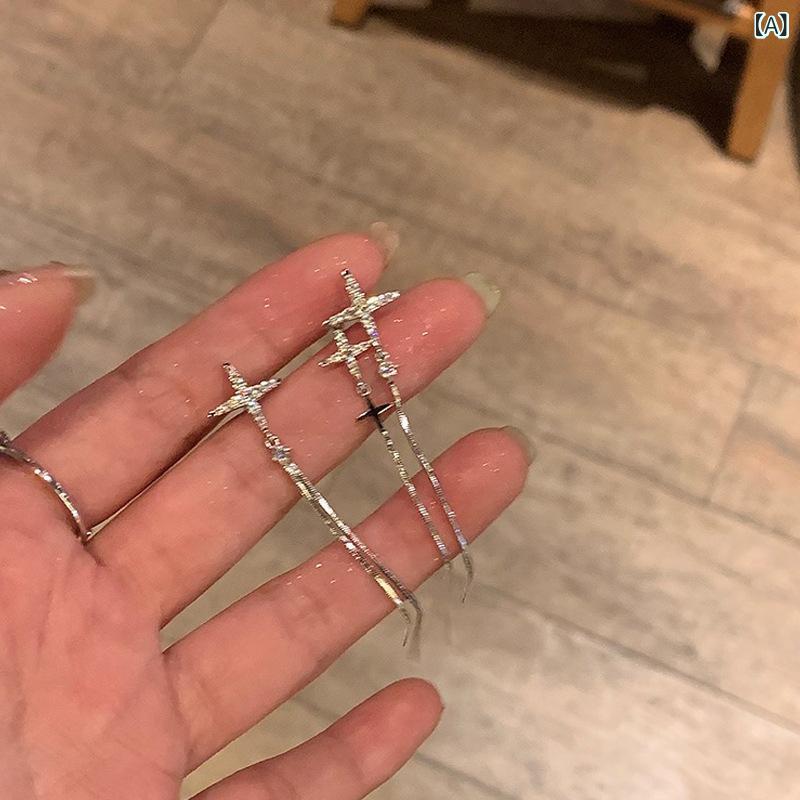 ピアス レディース ロング 十字架 星 モチーフ ジルコニア 揺れる タッセル シルバー 925 銀針 エレガント 華やか おしゃれ かわいい アクセサリー ジュエリー カジュアル パーティー 結婚式 デート お呼ばれ ギフト プレゼント 大人女子 高見