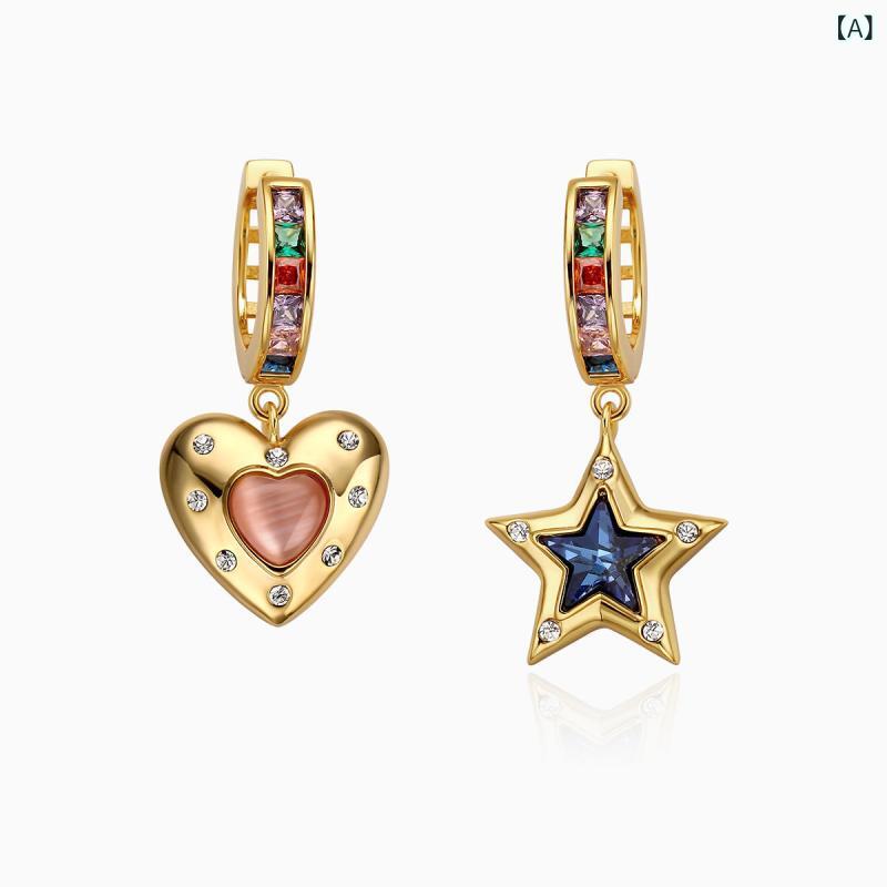 ピアス レディース アクセサリー ゴールドカラー 欧米風 おしゃれ レトロ 不対称 猫目石 ハート 五角星 フープピアス 大ぶり 個性派 耳飾り 揺れる デザイン 上品 高級感 きれいめ フェミニン エレガント ヴィンテージ感 大人かわいい パーティー