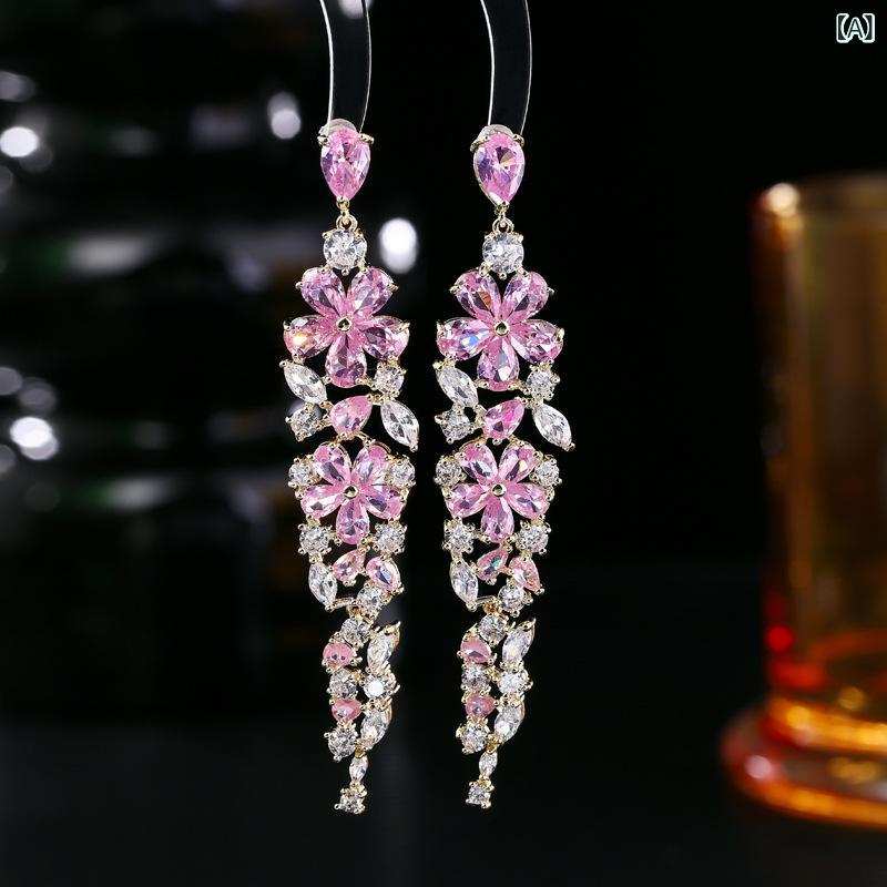 ピアス レディース 紫色 花柄 ロング ジルコニア 水滴 流蘇 揺れる アクセサリー ...
