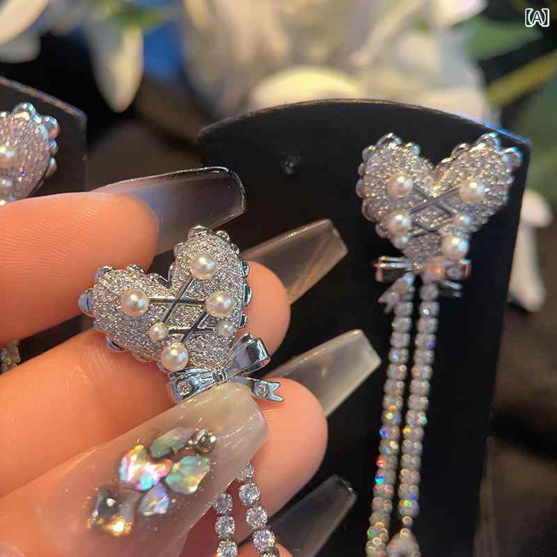 ピアス レディース アクセサリー S925銀針 蝶々結び ハート 揺れる ロングタイプ ピンク ジルコニア かわいい 上品 きれいめ 大人かわいい スウィート フェミニン おしゃれ デート お呼ばれ パーティー ギフト プレゼント ジュエリー 耳飾り 存在