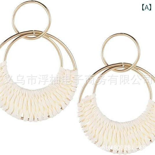 ピアス レディース サマー ボヘミアン風 ラフィア素材 天然素材 手作り 編み込み ...