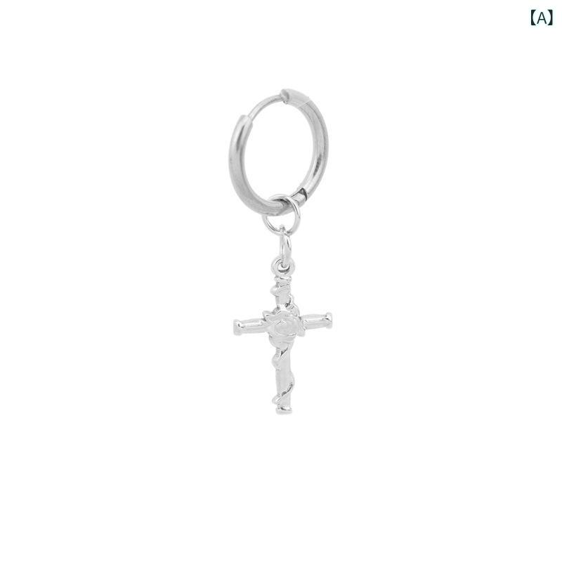 ピアス レディース アクセサリー チタン鋼 ペンダント 吊り下げ 十字架 クロス 薔薇 ローズ 花 フラワー 個性的 小ぶり 高見え 上品 インスタ映え おしゃれ 揺れる 軽量 耳飾り ジュエリー シルバー色 普段使い お出かけ ギフト 大人かわいい シ