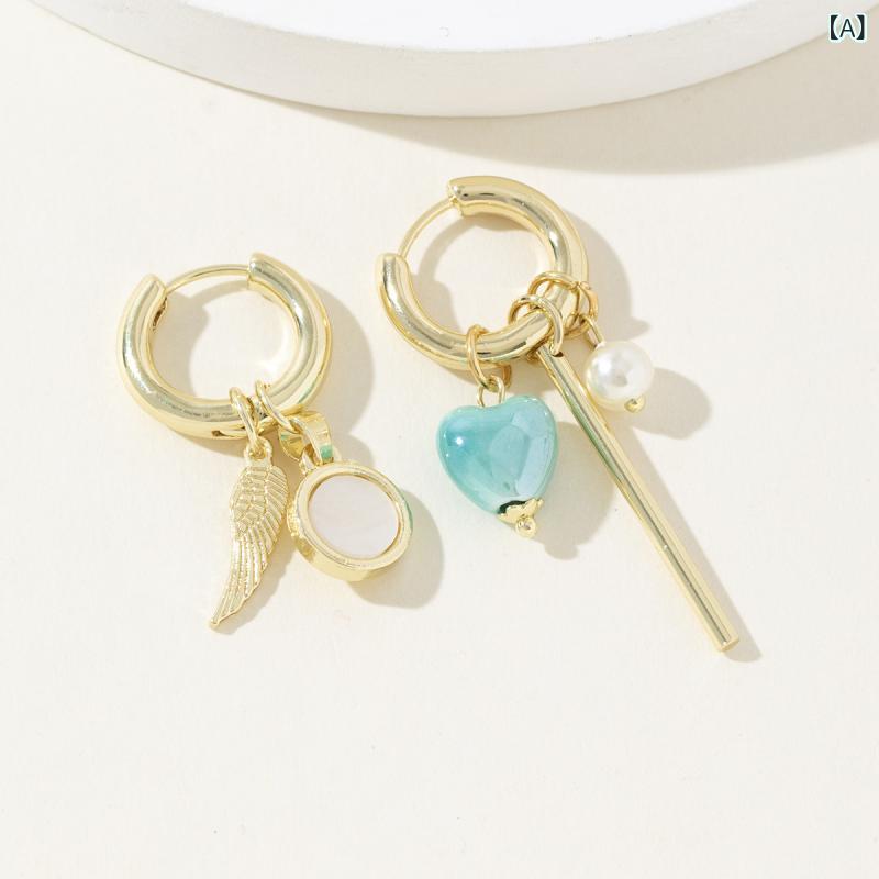 ピアス レディース アクセサリー 耳飾り 欧米風 インポート 復古調 レトロ セラミック ハート パール 羽根 モチーフ ロング スティック フープ 不対称 アシンメトリー ファッション小物 デザイン性 おしゃれ かわいい エレガント 高級感 普段使い