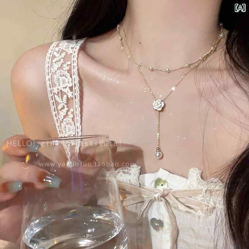 ネックレス レディース パール チェーン ペンダント 二連 重ね付け 山茶花 カメリ...