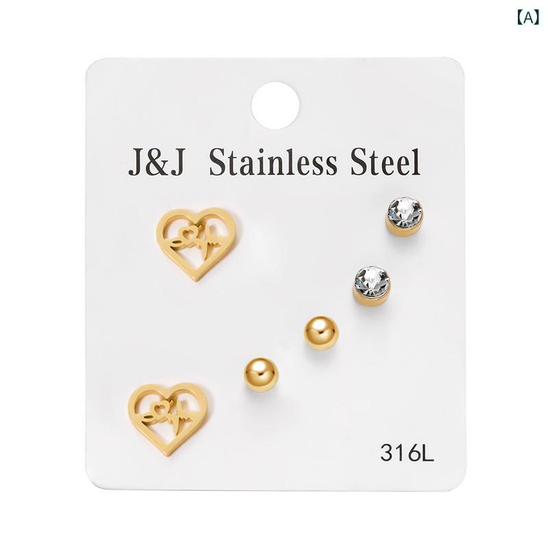 ピアス レディース セット 3ペア ハート 蝶々 ステンレス シンプル 通勤 普段使い アクセサリー 耳飾り ジュエリー シルバーカラー 華奢 大人かわいい おしゃれ プレゼント ギフト デイリー オフィス コーデ カジュアル アクセサリーセット 金属ア