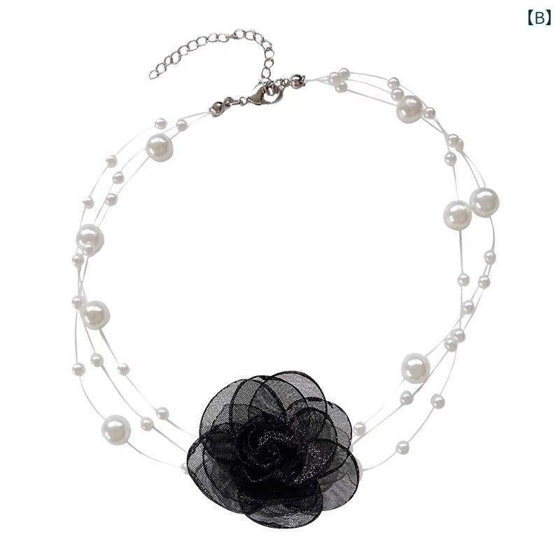 ネックレス レディース チョーカー 黒白 花モチーフ パール 鎖骨チェーン フェアリー系 華奢 アクセサリー エレガント 大人かわいい おしゃれ 上品 存在感 贈り物 ジュエリー 首飾り 重ね付け 高見え デザイン 普段使い デート パーティー 結婚式